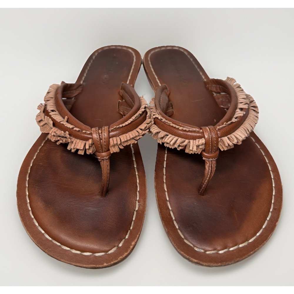 Bernardo Women's Sz 7.5 Miami Fringe Sandals Thong Brown Leather Flip Flop